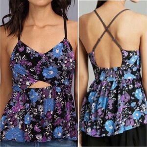 Free People Womens Top M Purple Boho Some Like It Hot Floral Cut Out Strappy‎
